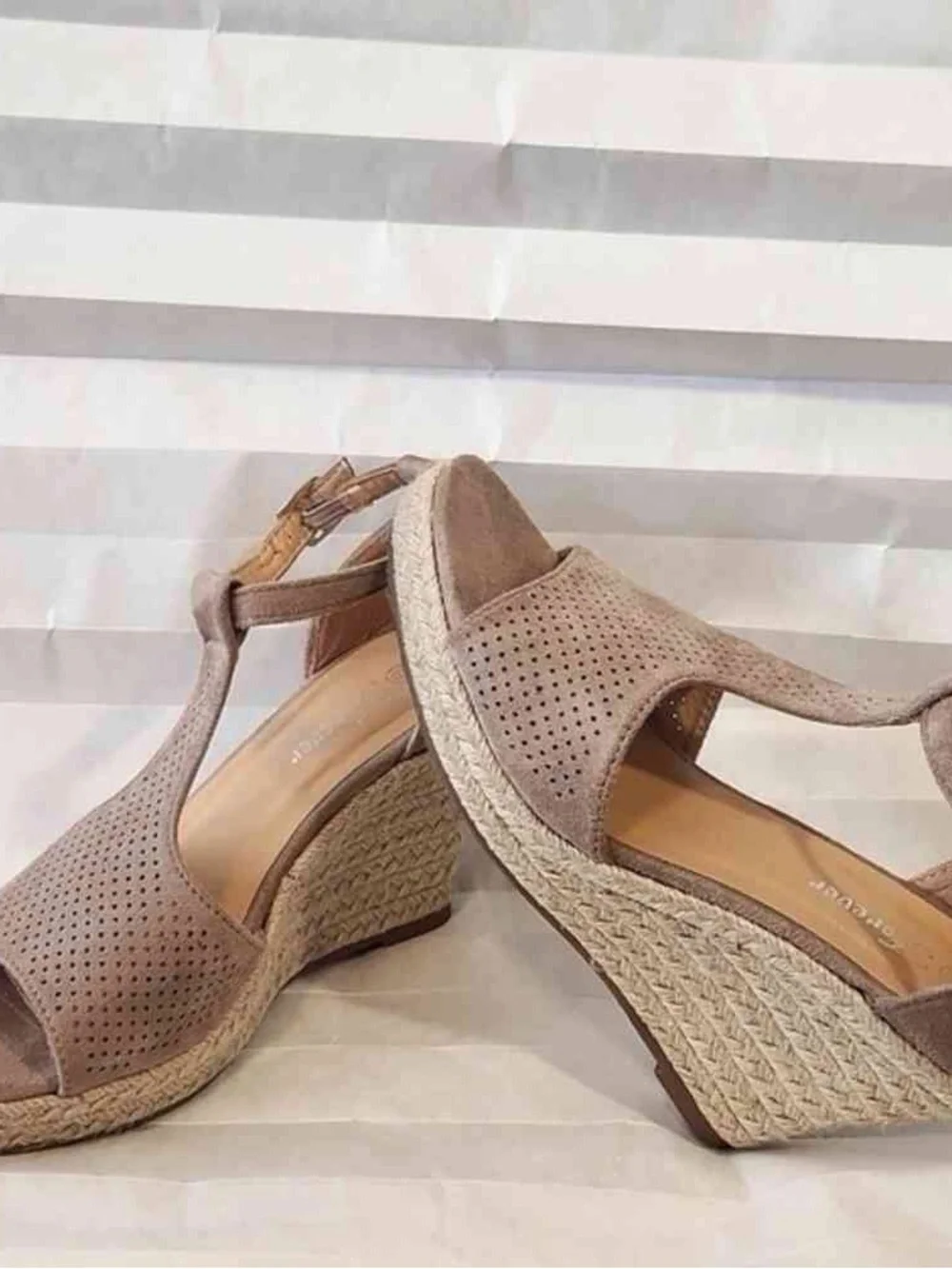 Women’s Taupe Suede Wedge Sandals with Ankle Strap